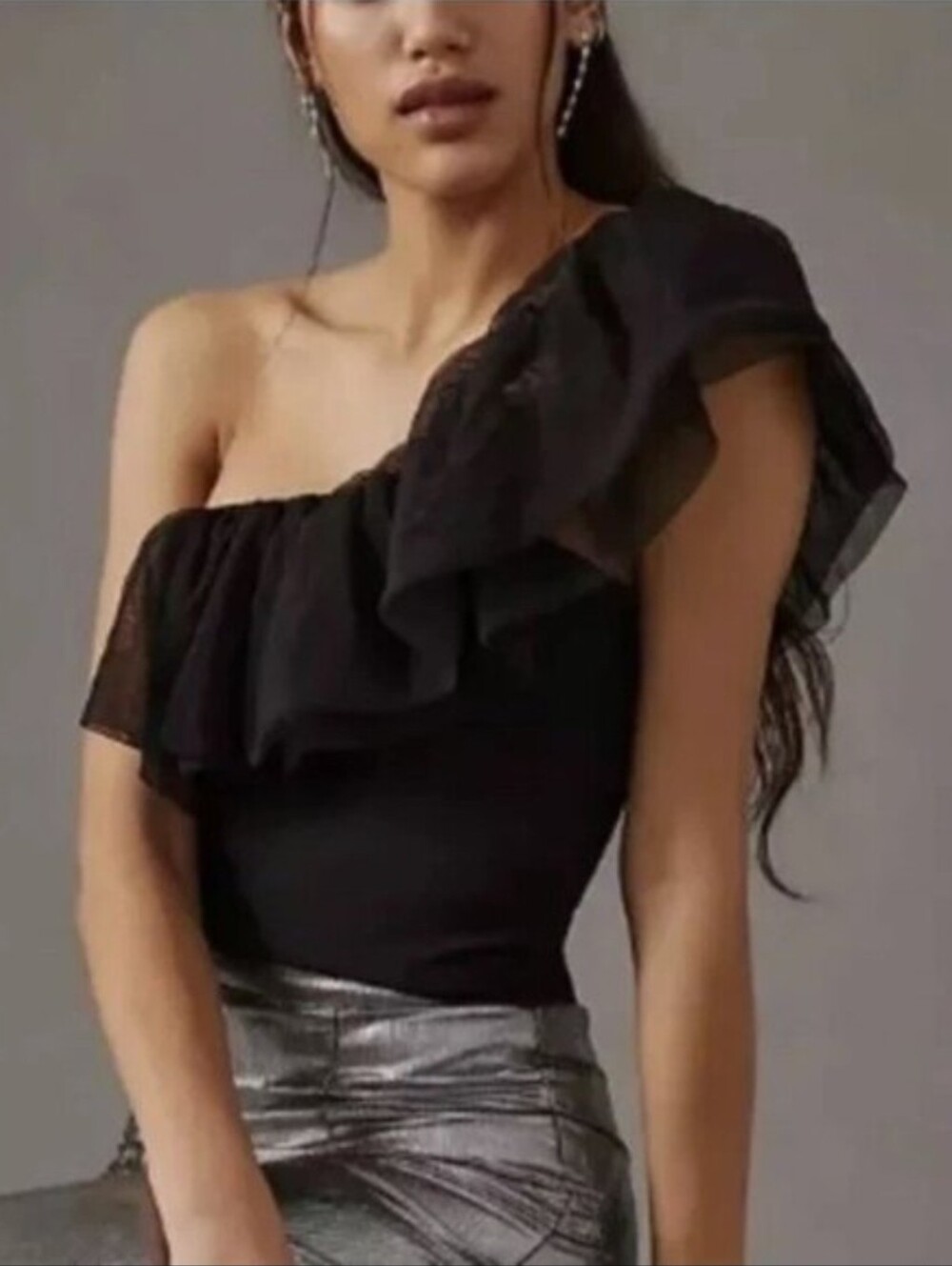 SHEIN Black One-Shoulder Ruffle Camisole